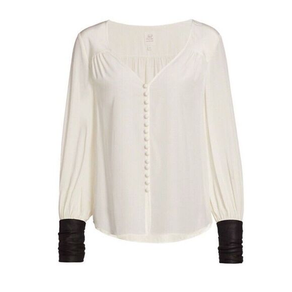 Cinq à Sept Francis Silk Blouse Faux Leathers Cuff Button Front Ivory/Black - Picture 1 of 16